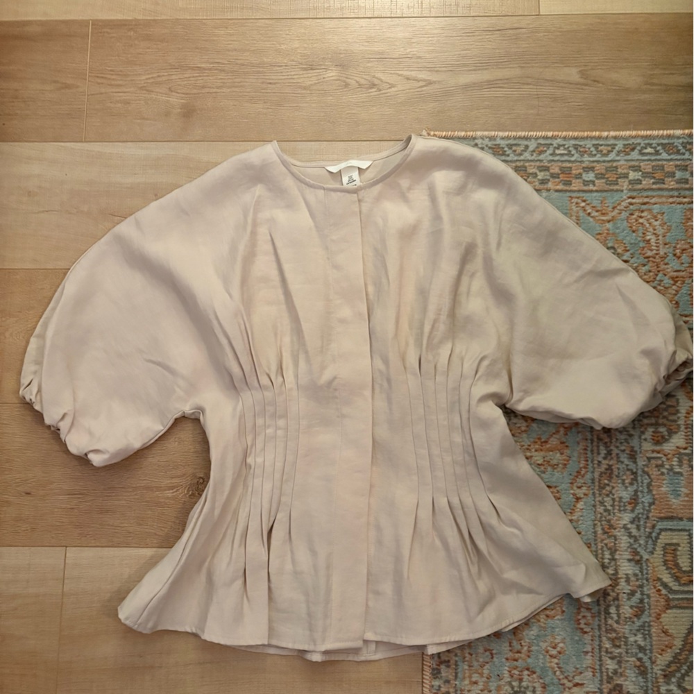 H&M Light Cream Pleated Puff-Sleeve Blouse